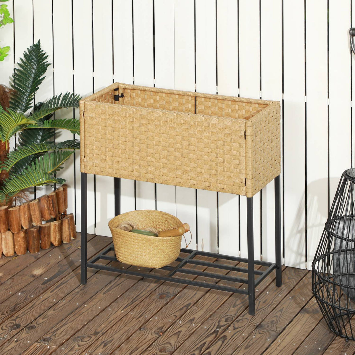 Raised Bed Poly Rattan Flower Box With Feet And Shelf, Sand, 70 X 30 X 72 Cm