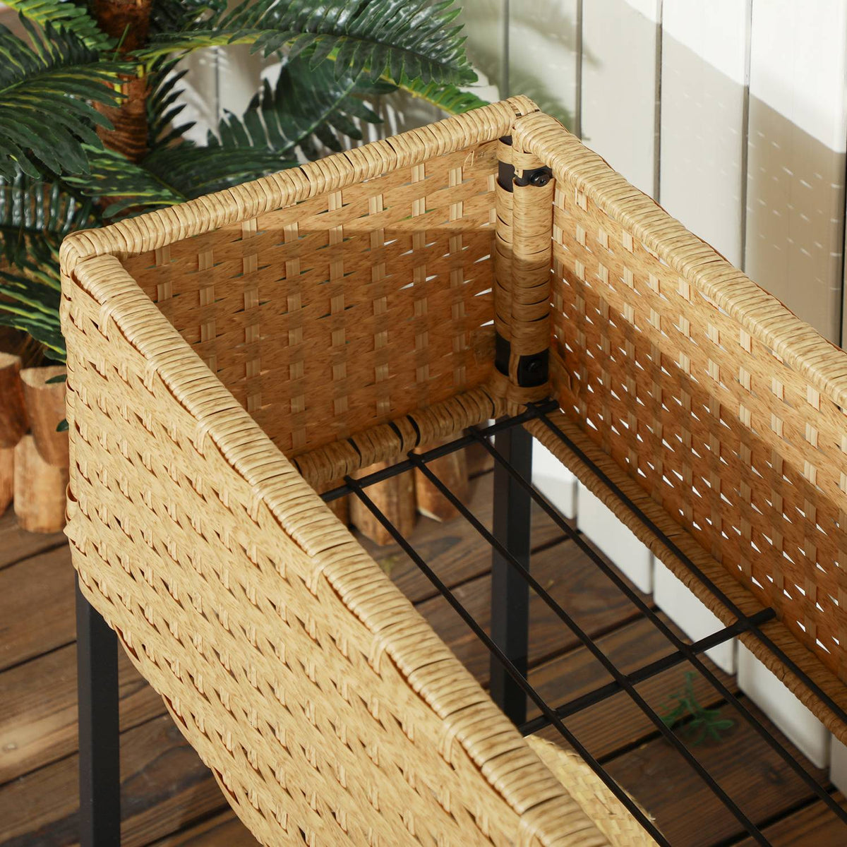 Raised Bed Poly Rattan Flower Box With Feet And Shelf, Sand, 70 X 30 X 72 Cm