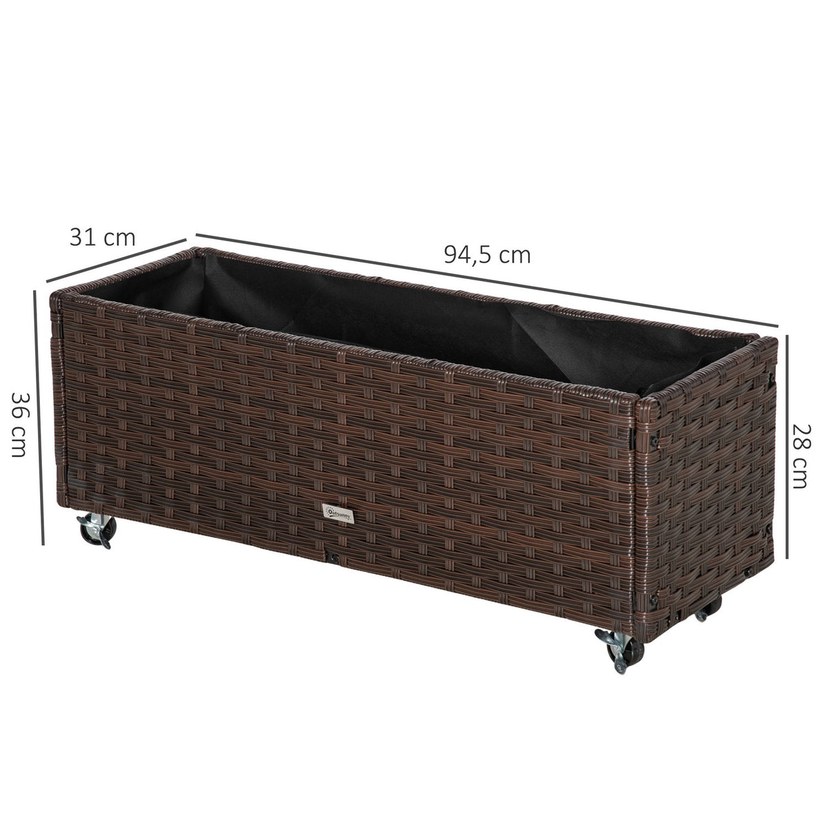Raised Bed Poly Rattan With Wheels Plant Box With Drainage Holes Flower Box Flower Pot Coffee Brown 94.5 X 31 X 36 Cm