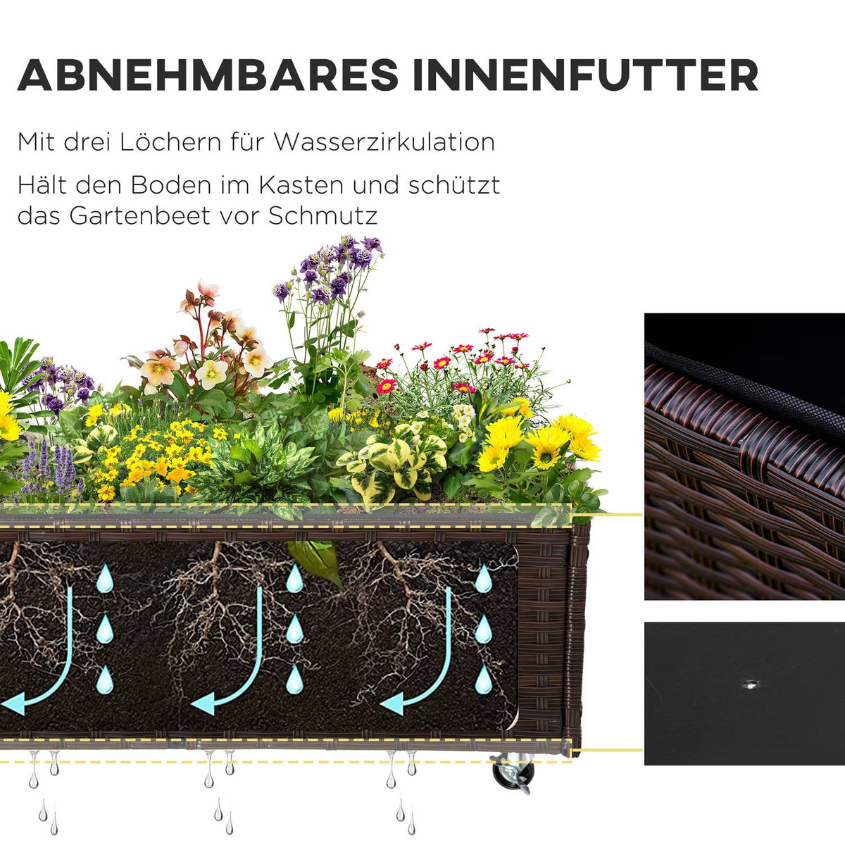 Raised Bed Poly Rattan With Wheels Plant Box With Drainage Holes Flower Box Flower Pot Coffee Brown 94.5 X 31 X 36 Cm