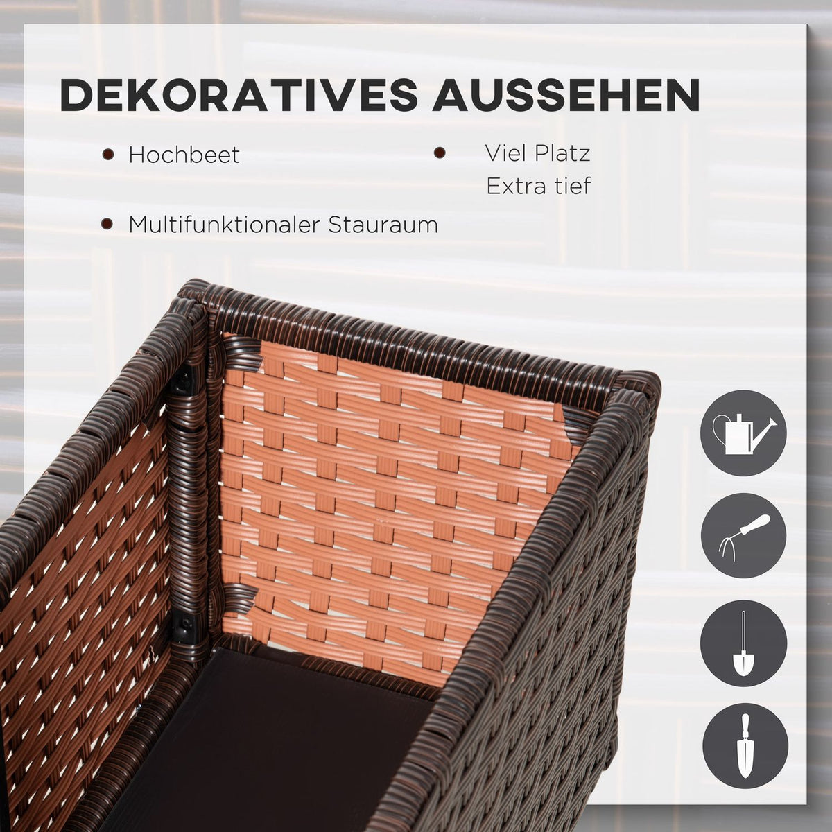 Raised Bed Poly Rattan With Wheels Plant Box With Drainage Holes Flower Box Flower Pot Coffee Brown 94.5 X 31 X 36 Cm