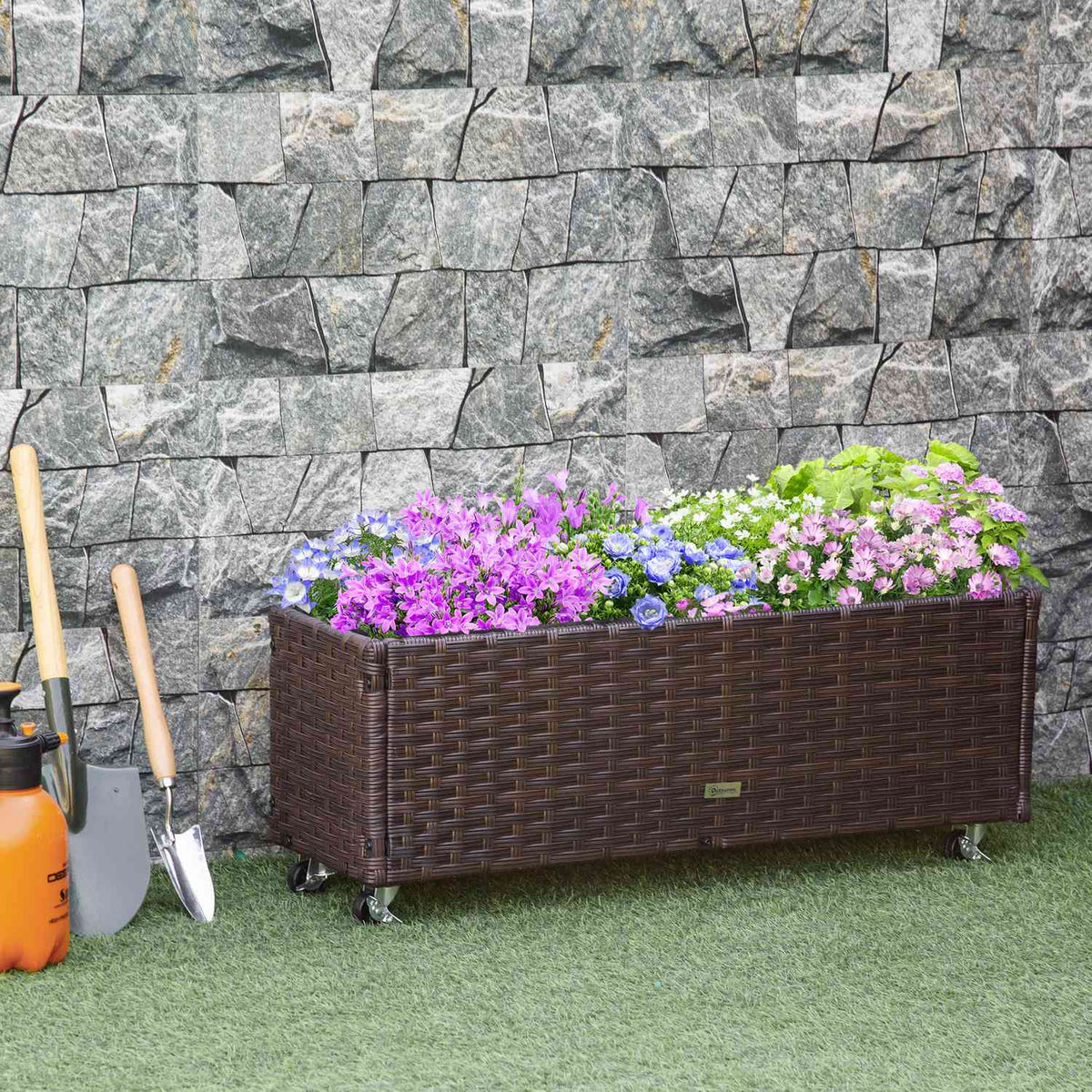 Raised Bed Poly Rattan With Wheels Plant Box With Drainage Holes Flower Box Flower Pot Coffee Brown 94.5 X 31 X 36 Cm