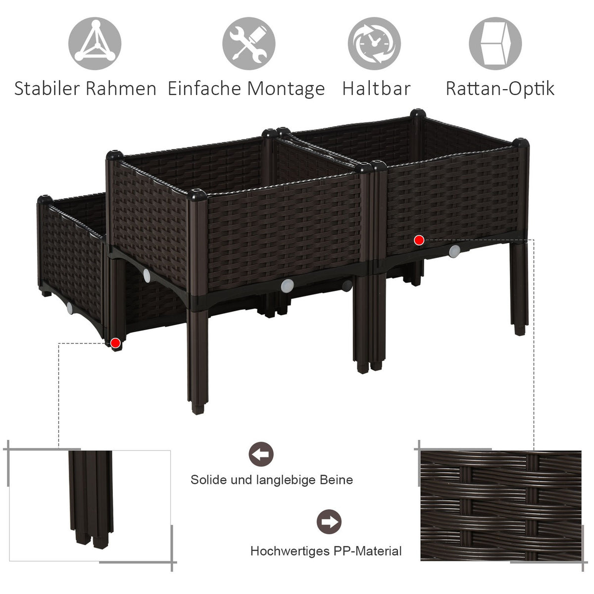 Raised Bed Rattan Plant Box With Drainage Holes, Pp, Brown, 40X40X44Cm