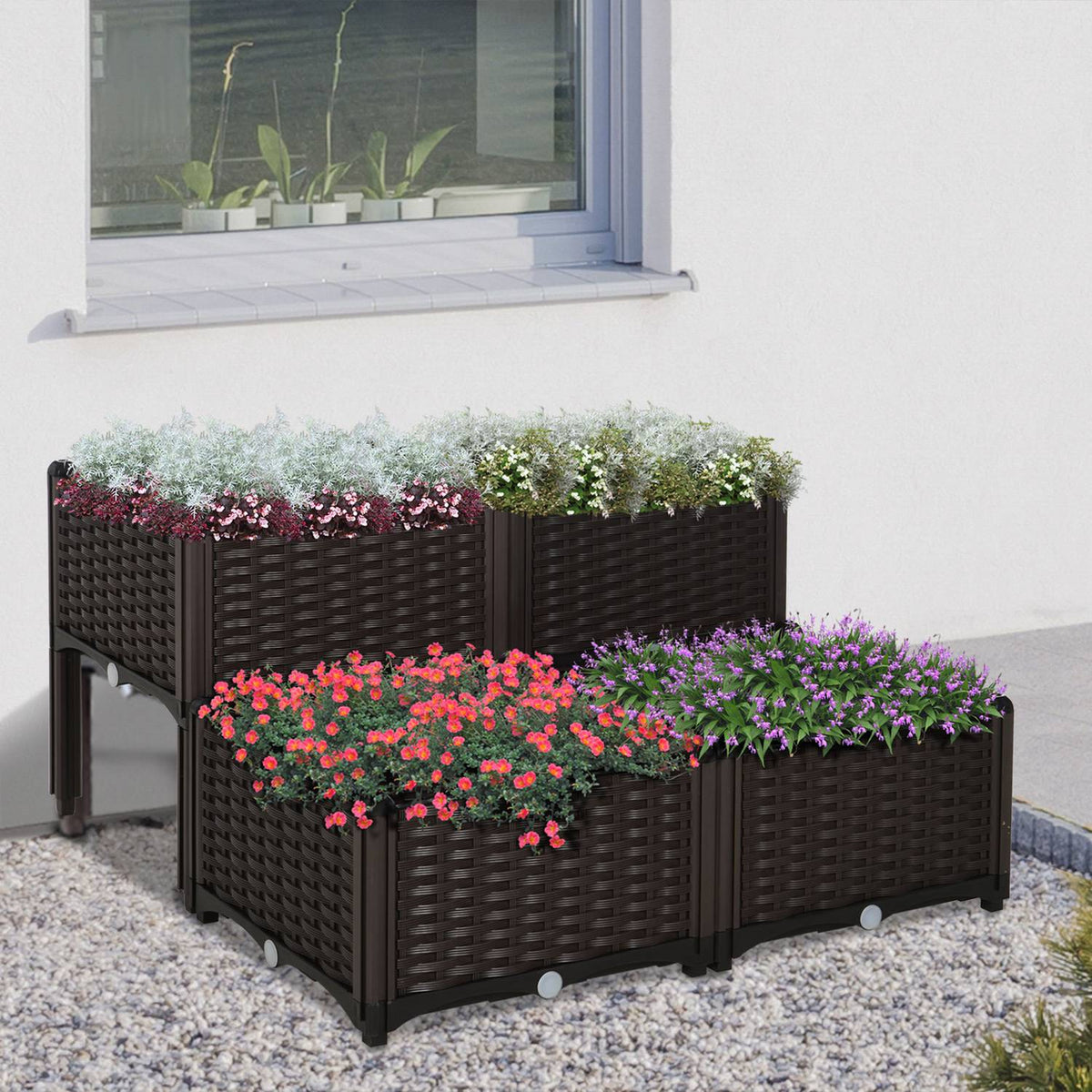 Raised Bed Rattan Plant Box With Drainage Holes, Pp, Brown, 40X40X44Cm
