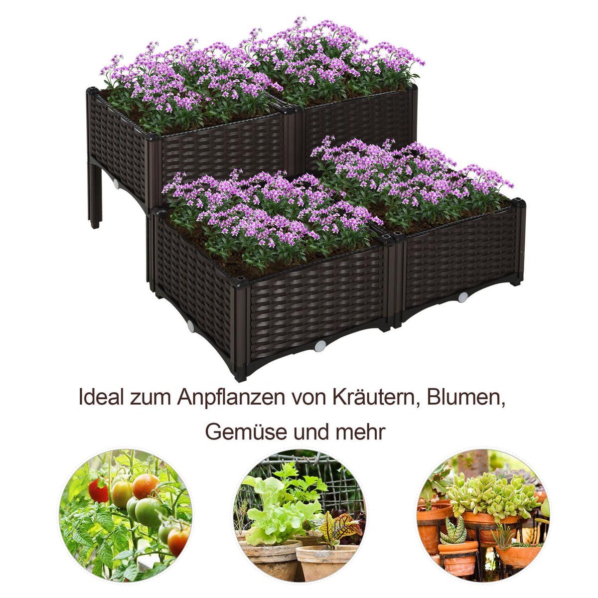 Raised Bed Rattan Plant Box With Drainage Holes, Pp, Brown, 40X40X44Cm