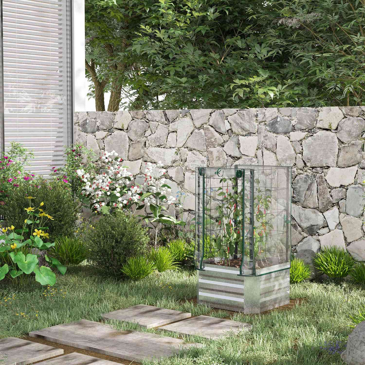 Raised Bed Set Plant Box With Plastic Cover & Trellis For Climbing Plants, 53X53X90Cm