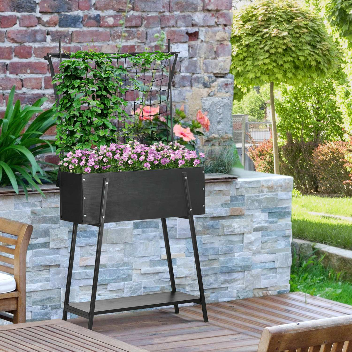 Raised Bed Trellis Flower Box With Shelf, Weatherproof For Patio, Solid Wood, Black, 89X34X168Cm