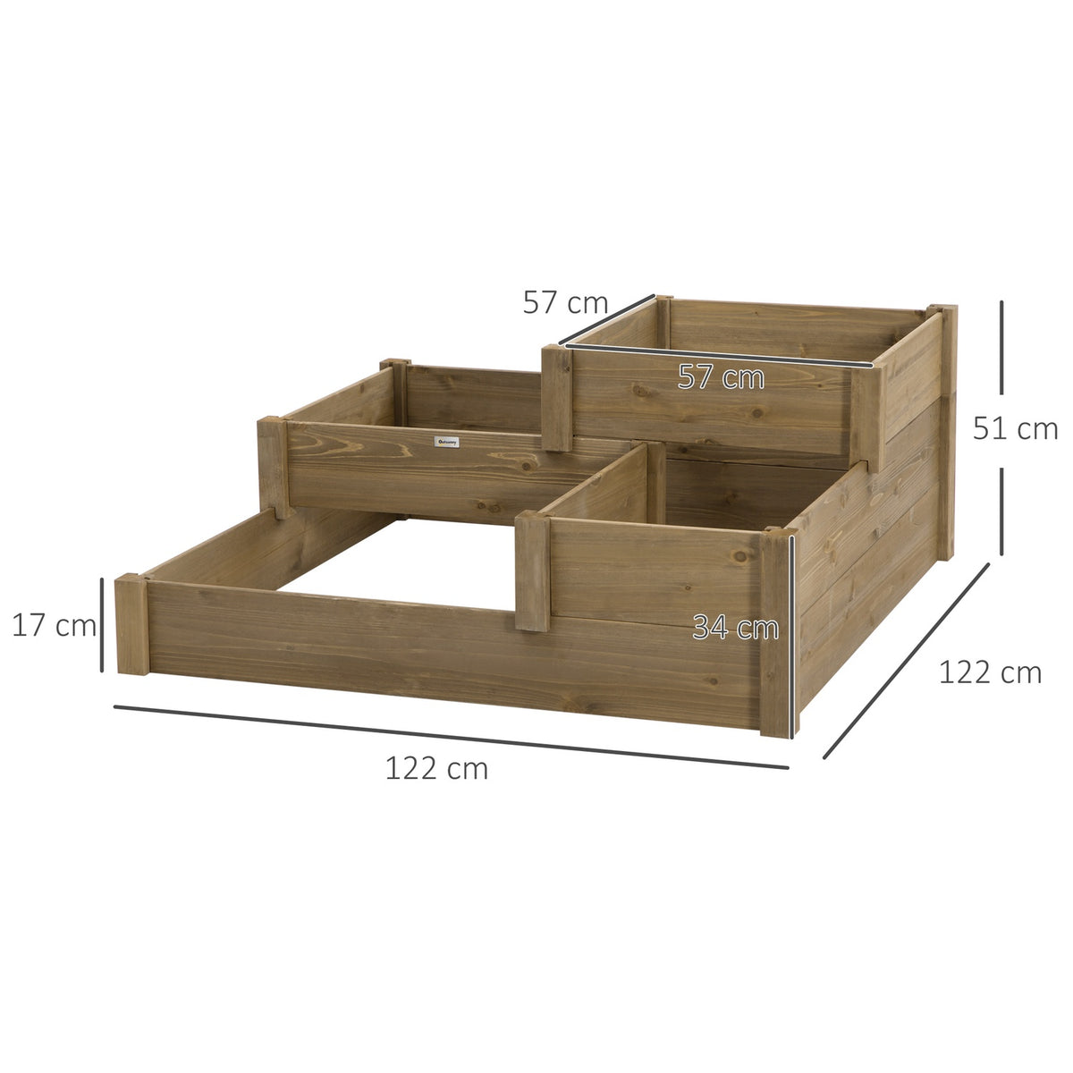 Raised Bed Vegetable Bed Flower Box With 3 Steps, Plant Box For Herbs On The Terrace And Balcony, Fir Wood, Brown, 122 X 122 X 51 Cm