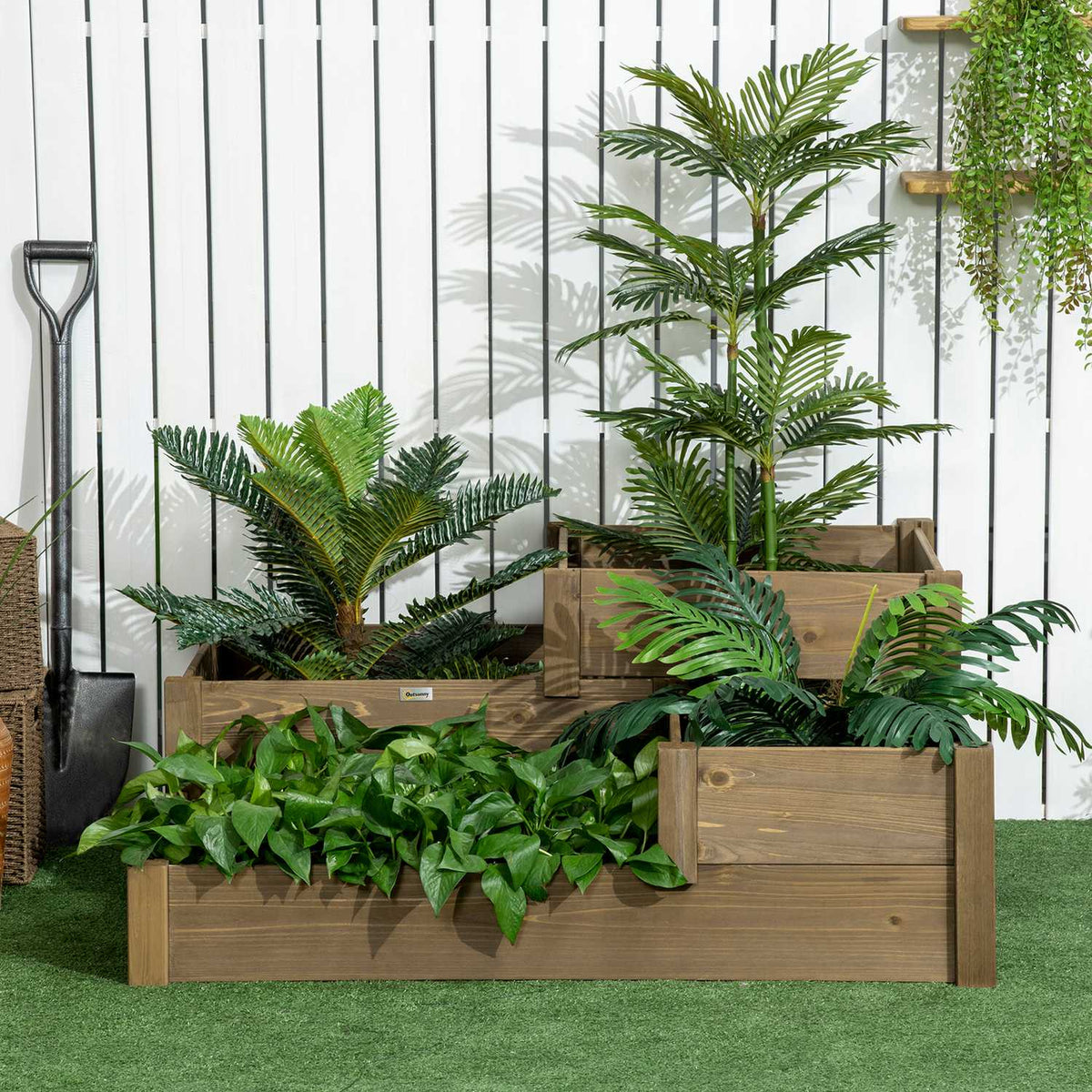 Raised Bed Vegetable Bed Flower Box With 3 Steps, Plant Box For Herbs On The Terrace And Balcony, Fir Wood, Brown, 122 X 122 X 51 Cm