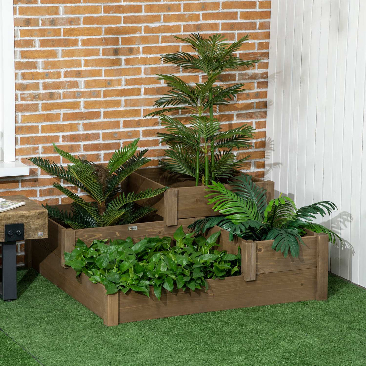 Raised Bed Vegetable Bed Flower Box With 3 Steps, Plant Box For Herbs On The Terrace And Balcony, Fir Wood, Brown, 122 X 122 X 51 Cm