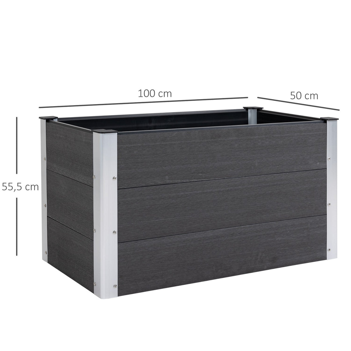 Raised Bed Weatherproof Plant Box Made Of Wpc + Aluminum, Without Base, Gray, 100X50X50Cm