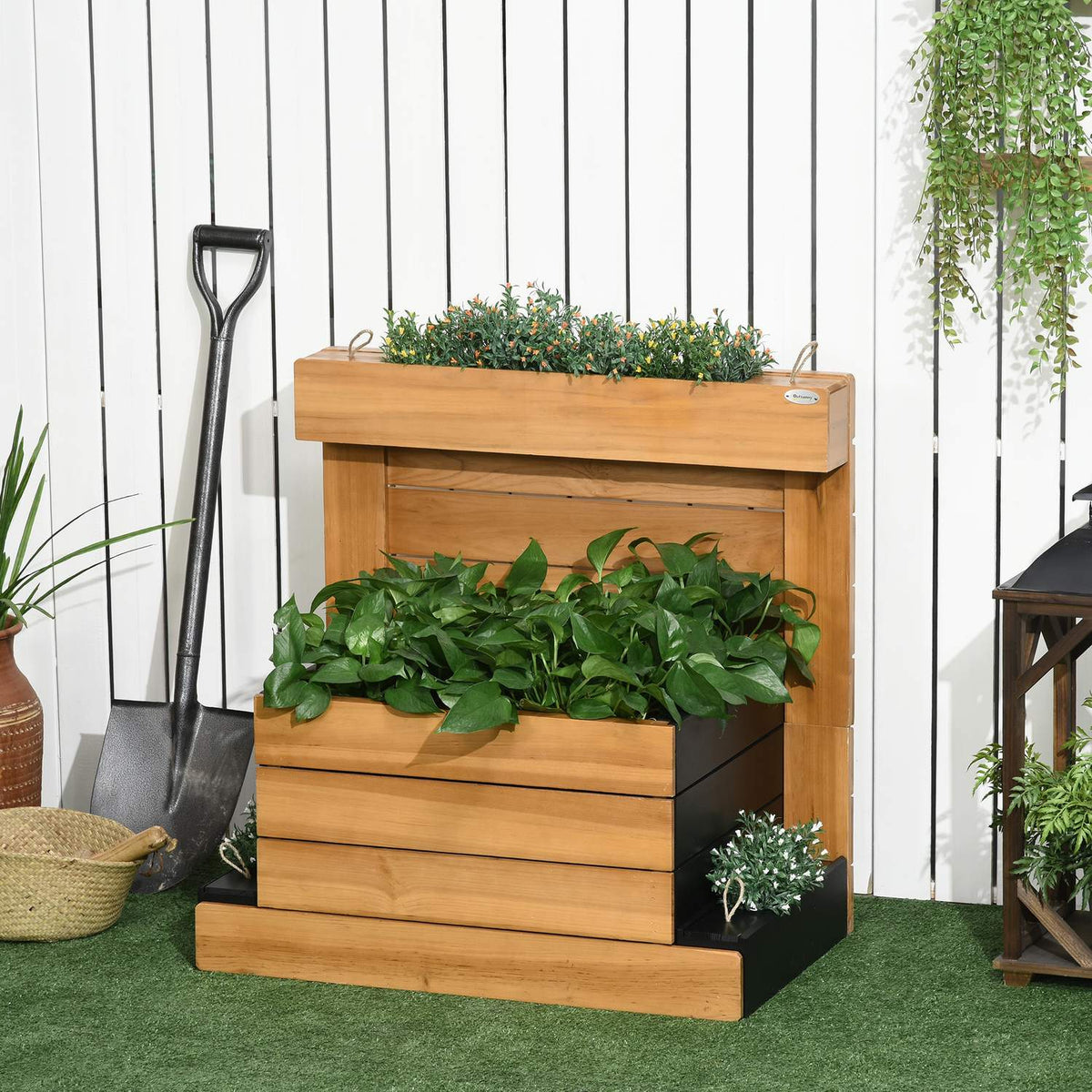 Raised Bed With 4 Plant Boxes, Flower Box With Self-Watering System, Fleece Lining For Garden, Wood, Brown, 79.5 X 49.5 X 80 Cm