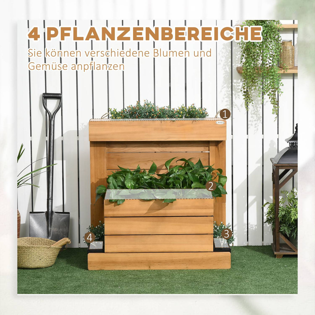 Raised Bed With 4 Plant Boxes, Flower Box With Self-Watering System, Fleece Lining For Garden, Wood, Brown, 79.5 X 49.5 X 80 Cm