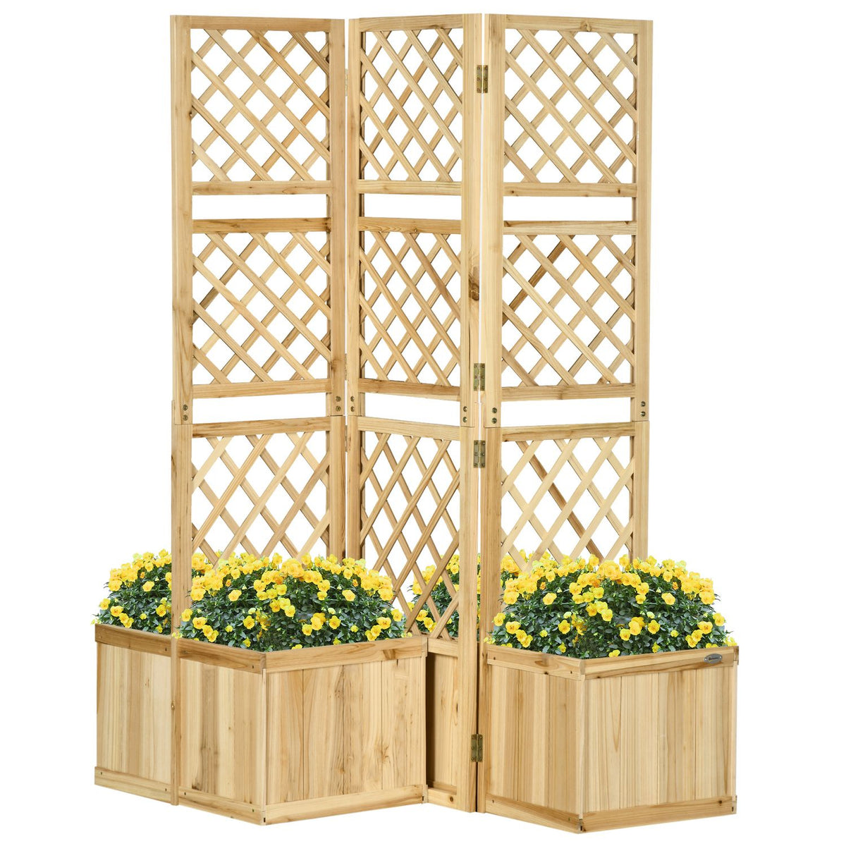Raised Bed With Folding Trellis, Plant Box With Privacy Screen, 133 X 165 Cm Room Divider With 4 Flower Boxes, Room Divider For Balcony