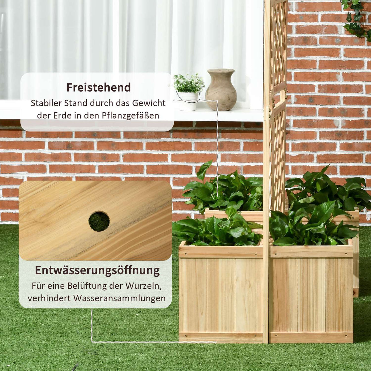 Raised Bed With Folding Trellis, Plant Box With Privacy Screen, 133 X 165 Cm Room Divider With 4 Flower Boxes, Room Divider For Balcony