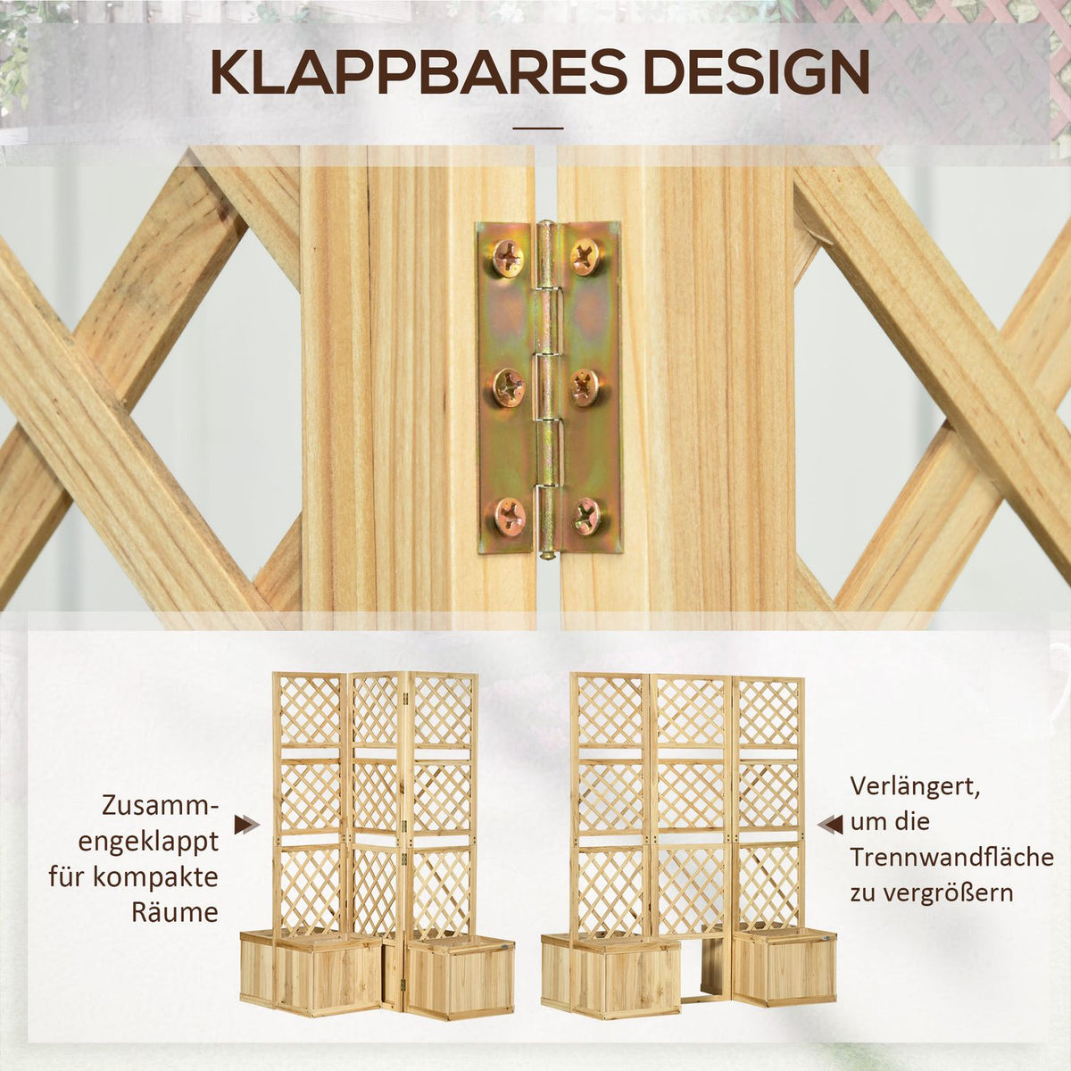 Raised Bed With Folding Trellis, Plant Box With Privacy Screen, 133 X 165 Cm Room Divider With 4 Flower Boxes, Room Divider For Balcony