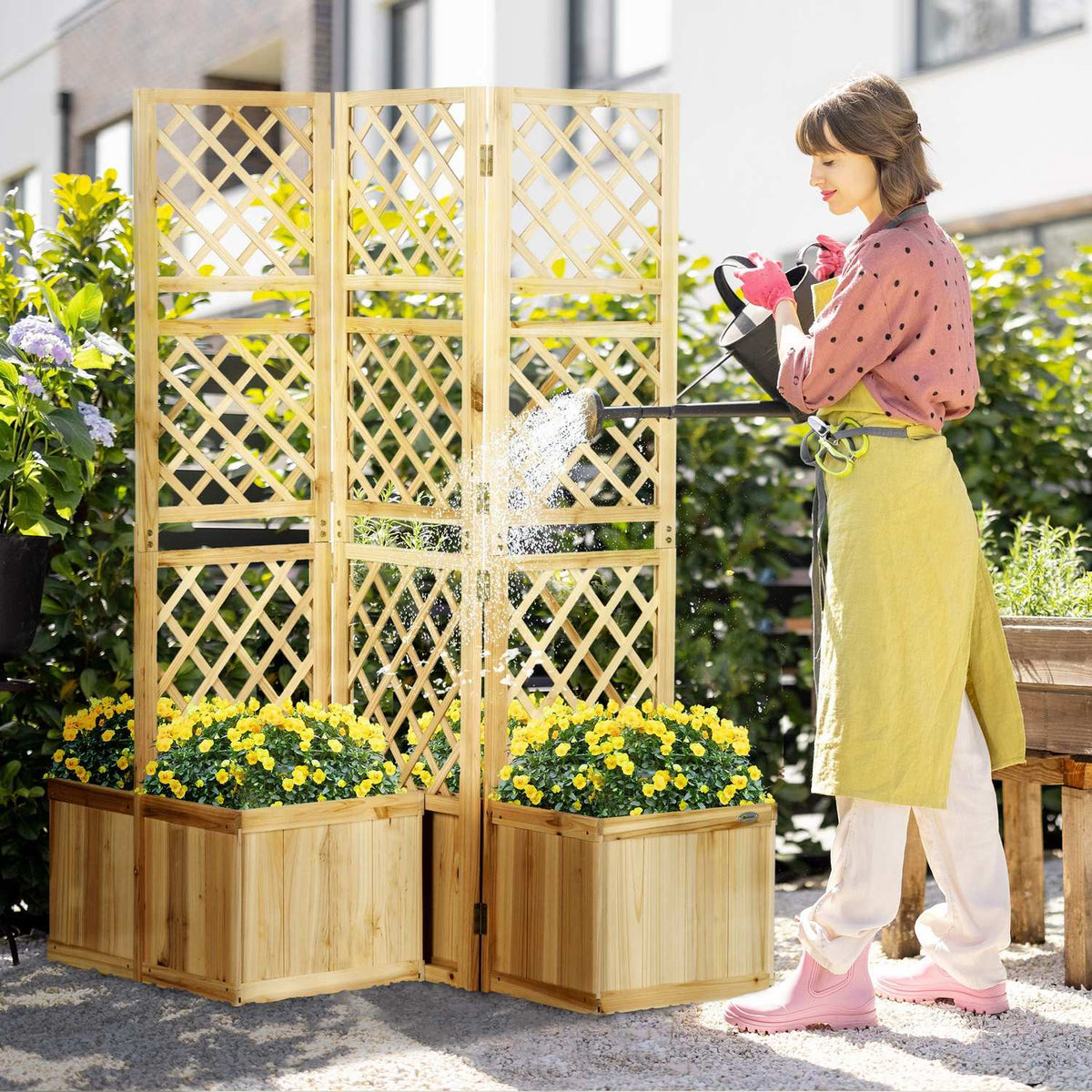 Raised Bed With Folding Trellis, Plant Box With Privacy Screen, 133 X 165 Cm Room Divider With 4 Flower Boxes, Room Divider For Balcony