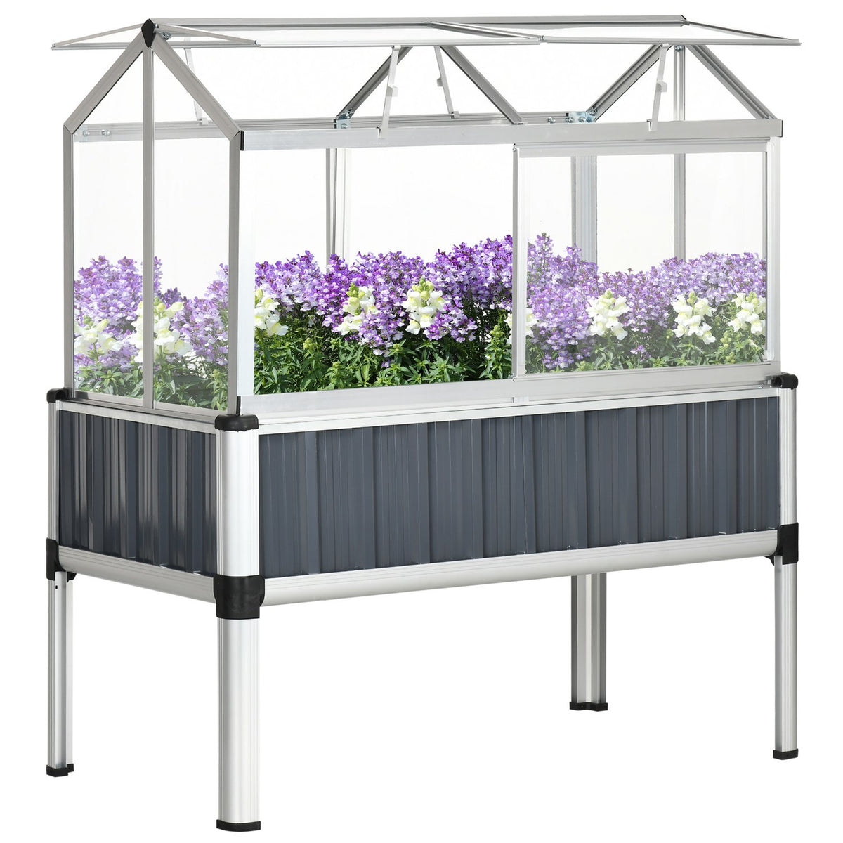 Raised Bed With Greenhouse, Greenhouse With Window, Weatherproof Cold Frame For Patio, Backyard, Balcony, Dark Gray, Galvanized Steel, 114 X 60 X 129 Cm