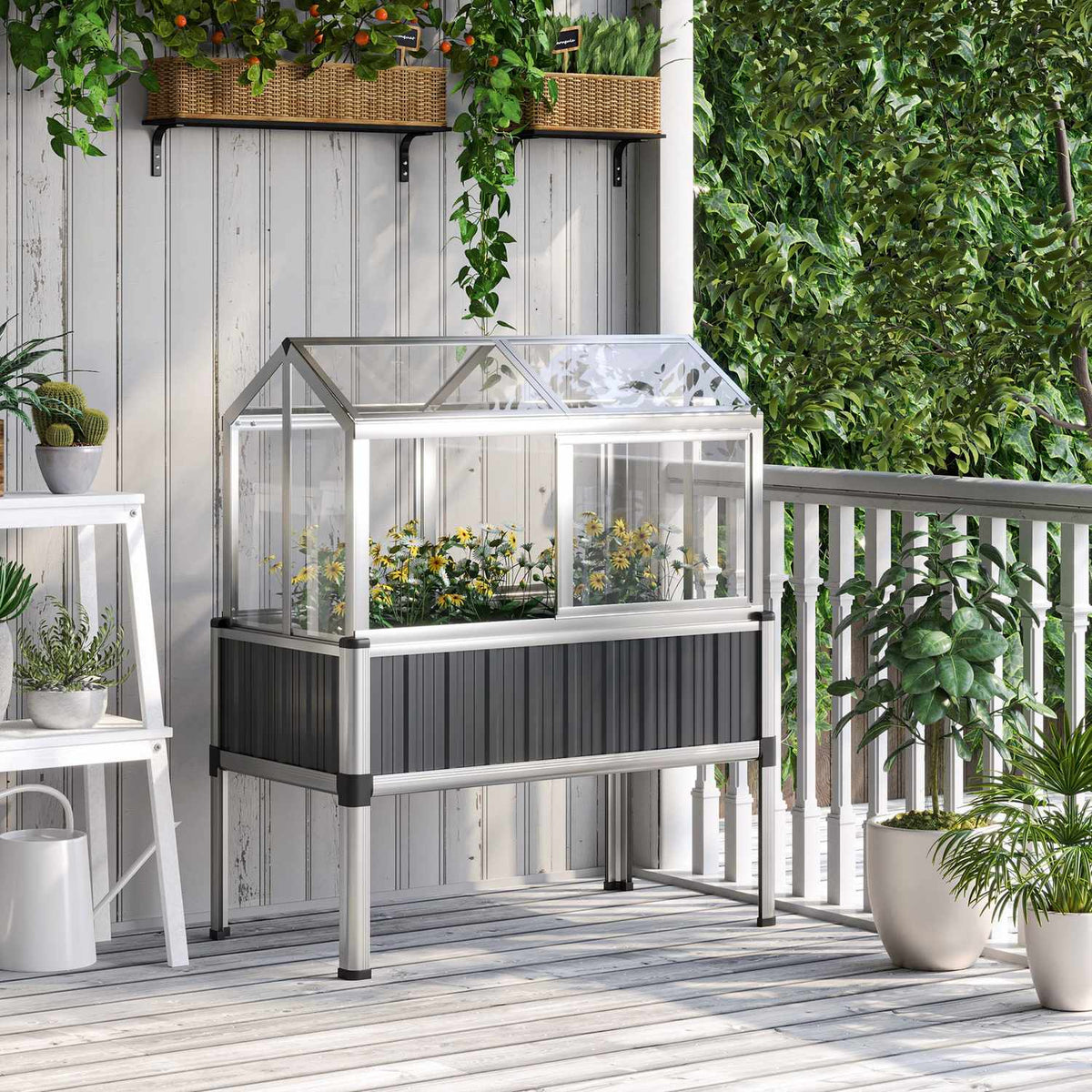 Raised Bed With Greenhouse, Greenhouse With Window, Weatherproof Cold Frame For Patio, Backyard, Balcony, Dark Gray, Galvanized Steel, 114 X 60 X 129 Cm