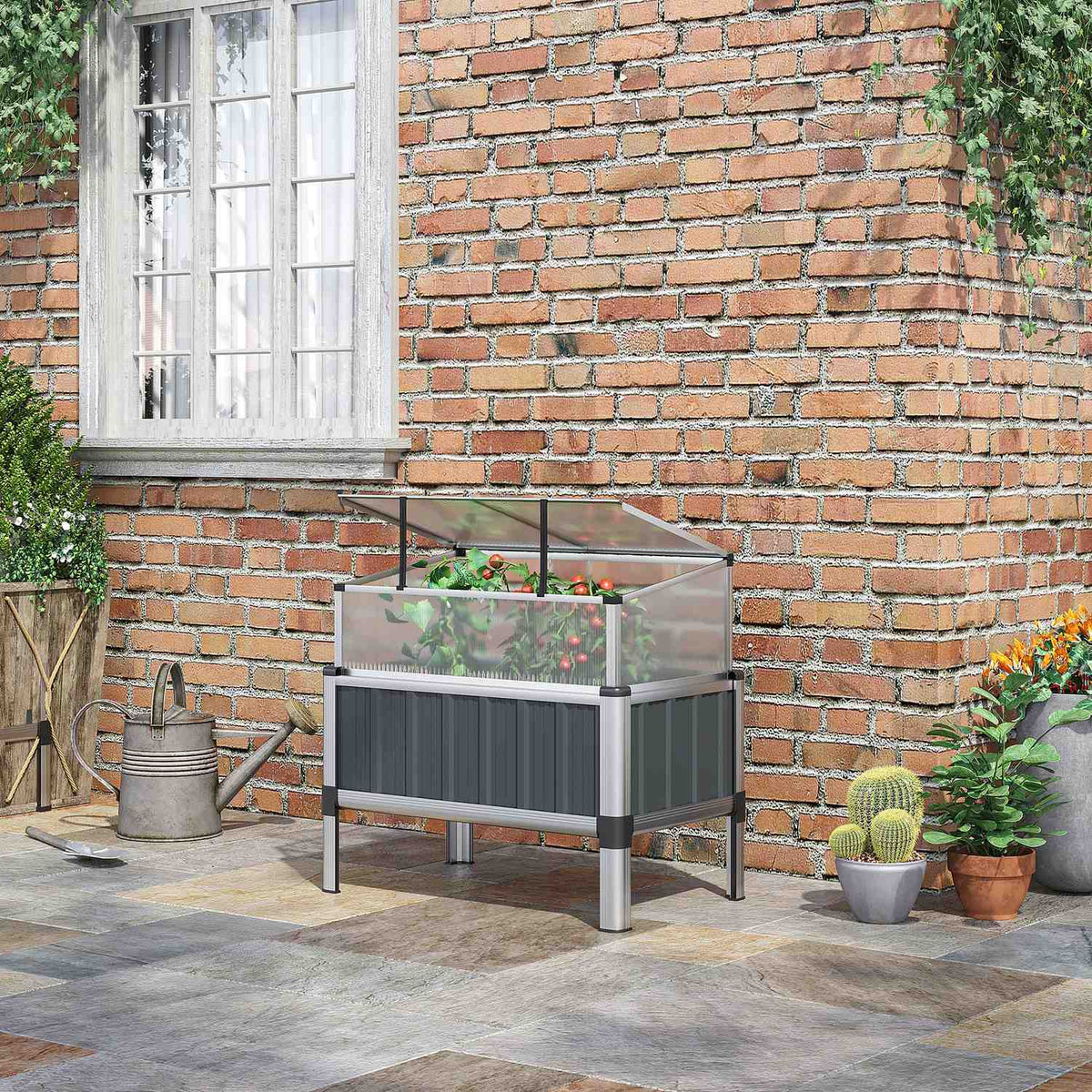 Raised Bed With Greenhouse Plant House With Window Greenhouse Cold Frame For Patio Balcony Dark Gray Galvanized Steel 80 X 50 X 74 Cm