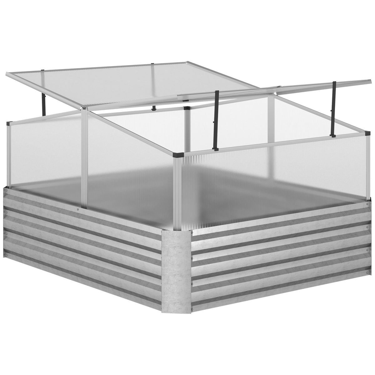 Raised Bed With Roof Flaps Greenhouse Flower Box For Patio, Vegetable Bed For Herbs, Silver, 126X107X67.5Cm