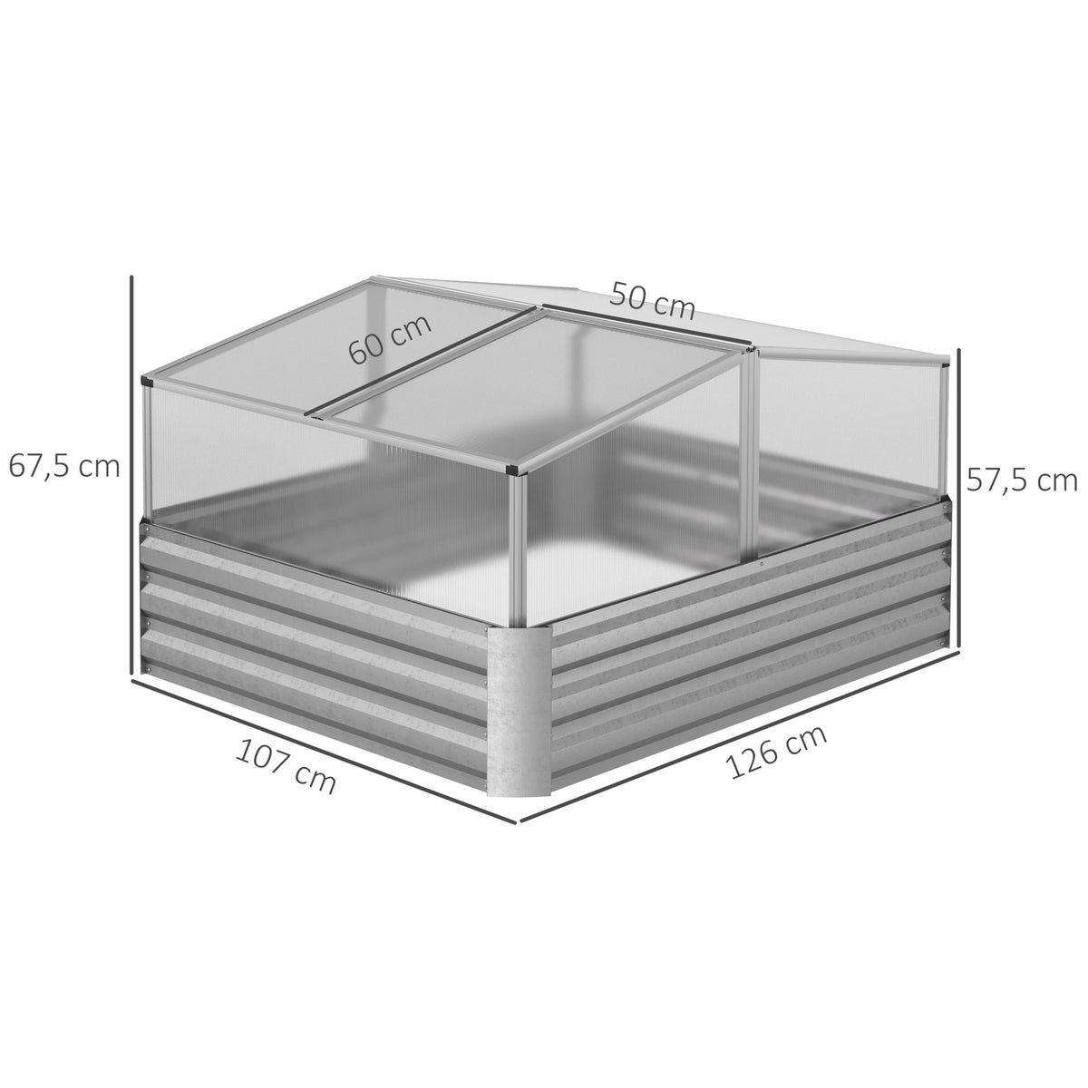 Raised Bed With Roof Flaps Greenhouse Flower Box For Patio, Vegetable Bed For Herbs, Silver, 126X107X67.5Cm