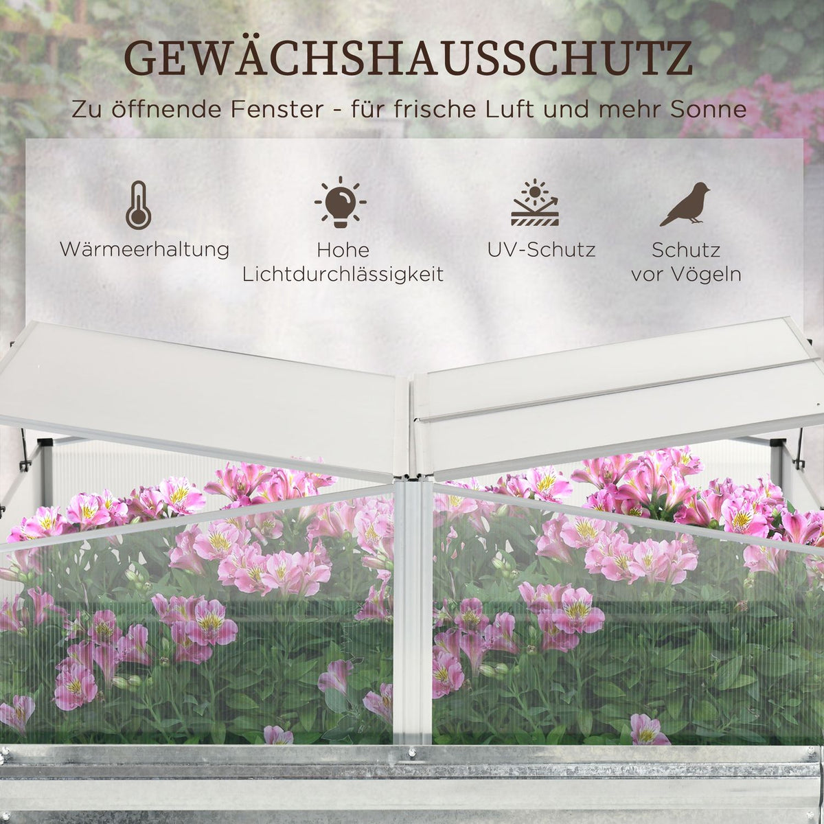 Raised Bed With Roof Flaps Greenhouse Flower Box For Patio, Vegetable Bed For Herbs, Silver, 126X107X67.5Cm
