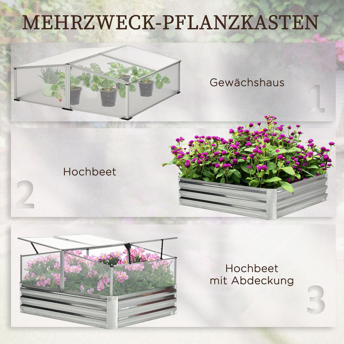 Raised Bed With Roof Flaps Greenhouse Flower Box For Patio, Vegetable Bed For Herbs, Silver, 126X107X67.5Cm