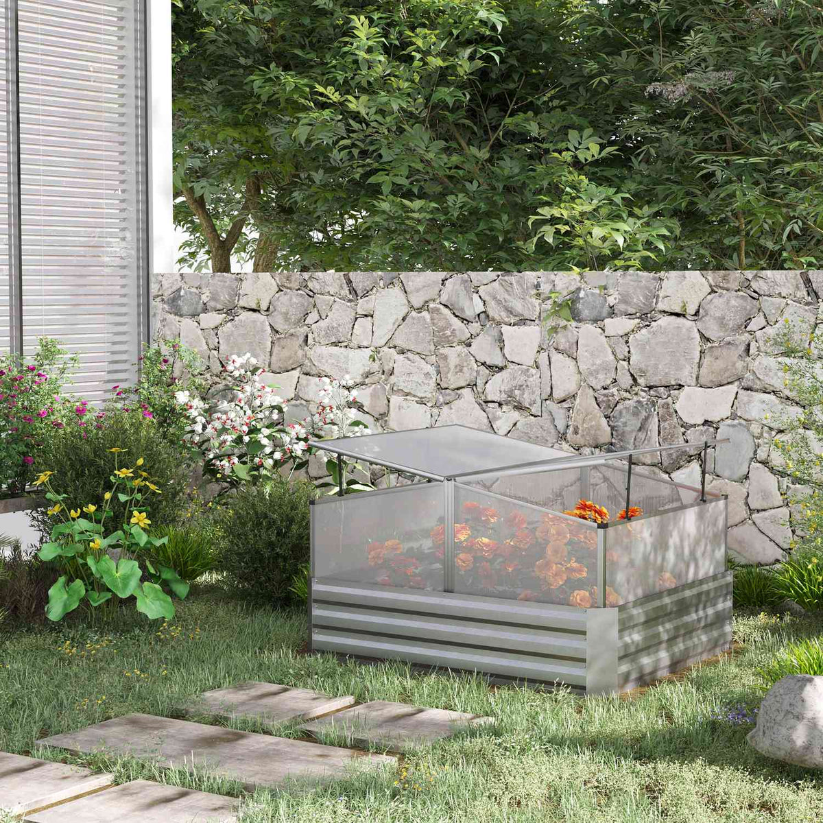 Raised Bed With Roof Flaps Greenhouse Flower Box For Patio, Vegetable Bed For Herbs, Silver, 126X107X67.5Cm