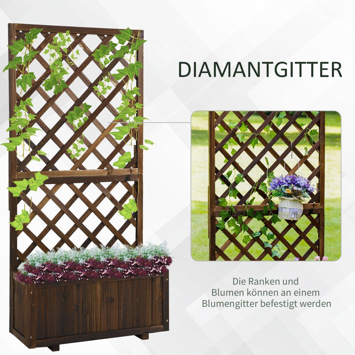 Raised Bed With Trellis Flower Box Made Of Wood, 72.5X31.5X149.5Cm, For Climbing Plants & Roses