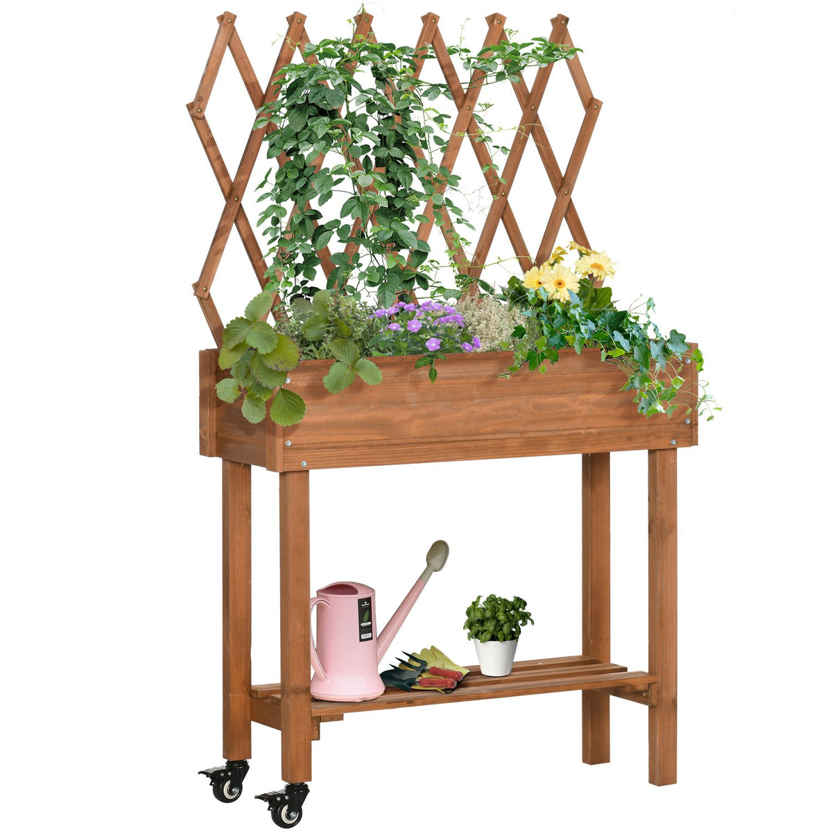 Raised Bed With Trellis Flower Box On Wheels & Shelf, Solid Wood, For Patio, Brown, 79X29X130Cm