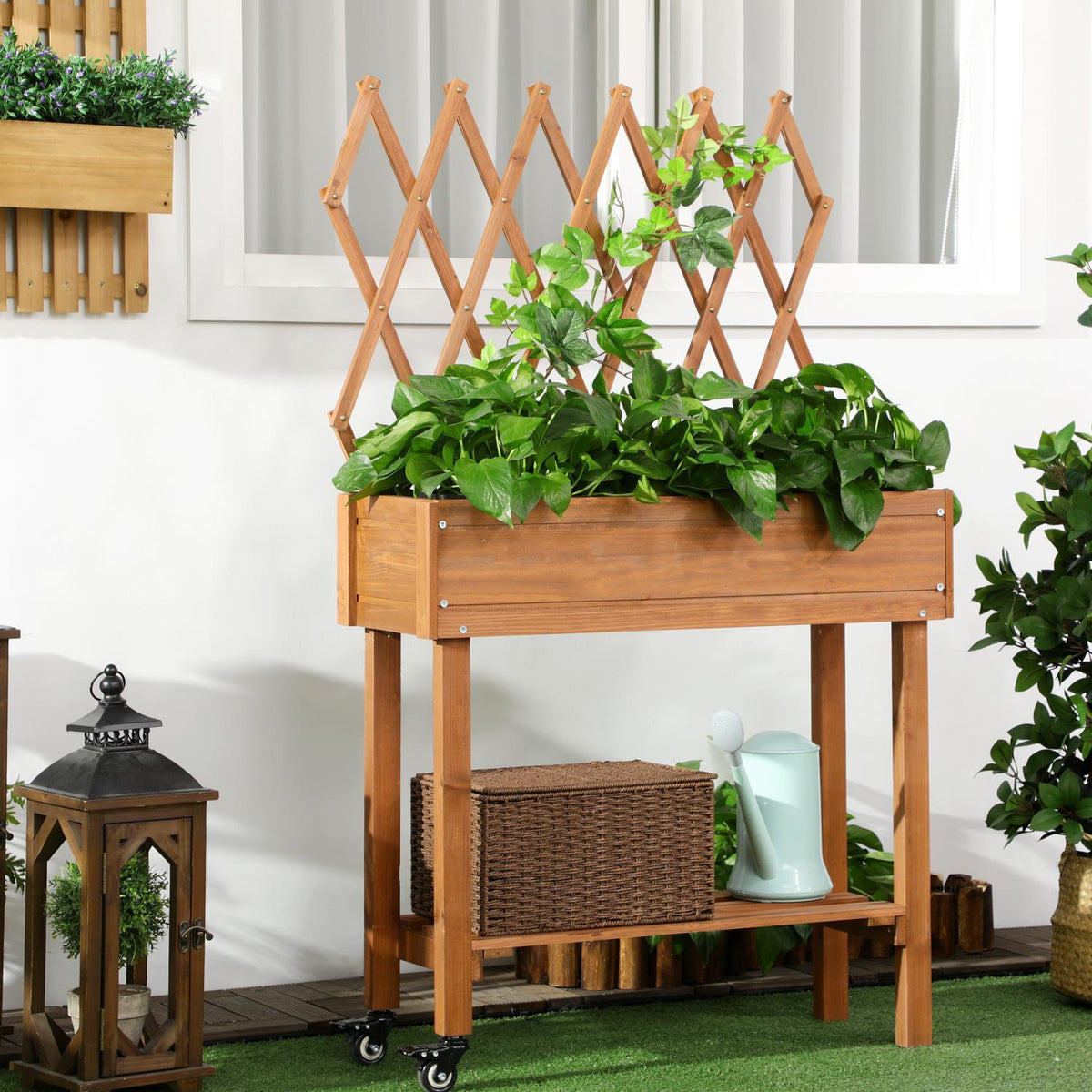 Raised Bed With Trellis Flower Box On Wheels & Shelf, Solid Wood, For Patio, Brown, 79X29X130Cm