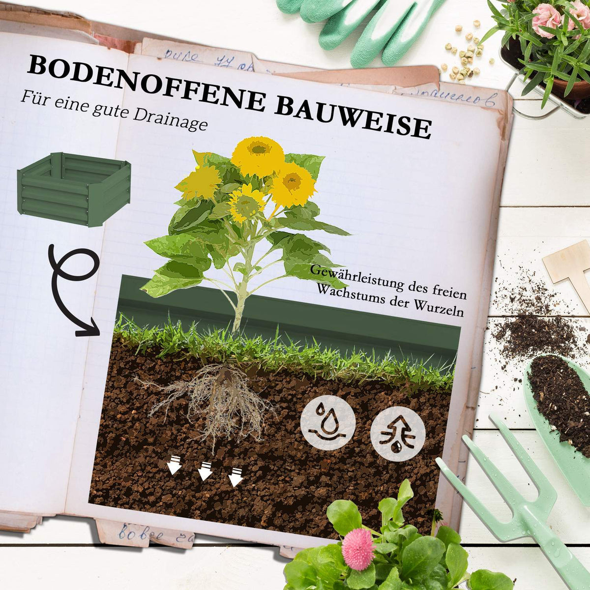 Raised Bed With Trellis, Flower Box With Open Bottom, Vegetable Bed, Plant Box, Herb Bed For Garden, Balcony, Galvanized Steel, Green