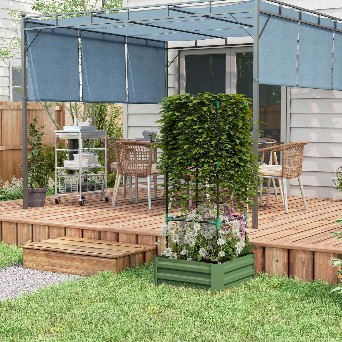 Raised Bed With Trellis, Flower Box With Open Bottom, Vegetable Bed, Plant Box, Herb Bed For Garden, Balcony, Galvanized Steel, Green