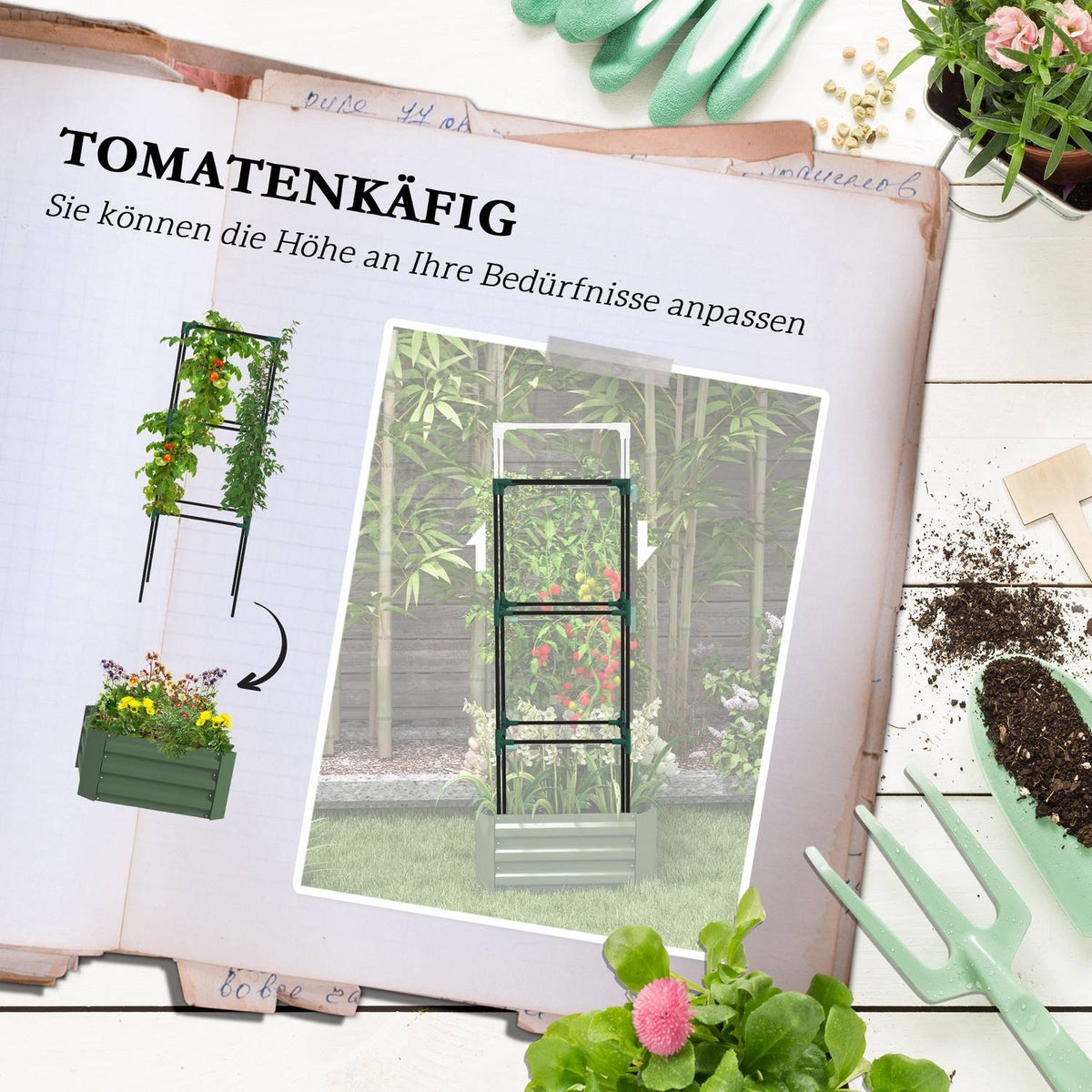 Raised Bed With Trellis, Flower Box With Open Bottom, Vegetable Bed, Plant Box, Herb Bed For Garden, Balcony, Galvanized Steel, Green