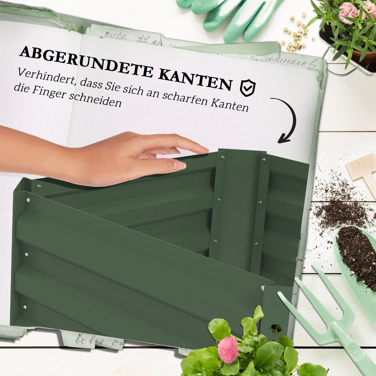 Raised Bed With Trellis, Flower Box With Open Bottom, Vegetable Bed, Plant Box, Herb Bed For Garden, Balcony, Galvanized Steel, Green