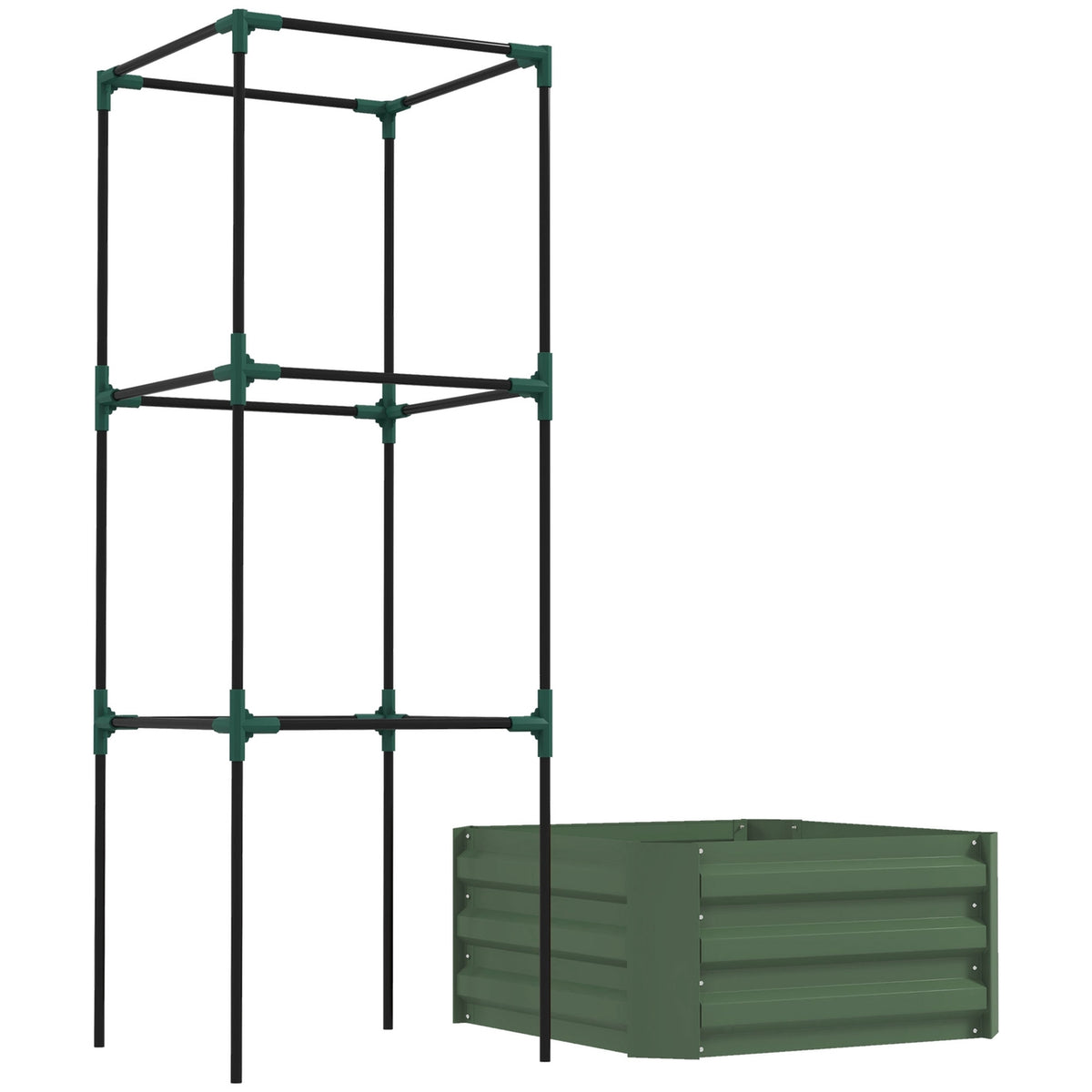 Raised Bed With Trellis, Flower Box With Open Bottom, Vegetable Bed, Plant Box, Herb Bed For Garden, Balcony, Galvanized Steel, Green