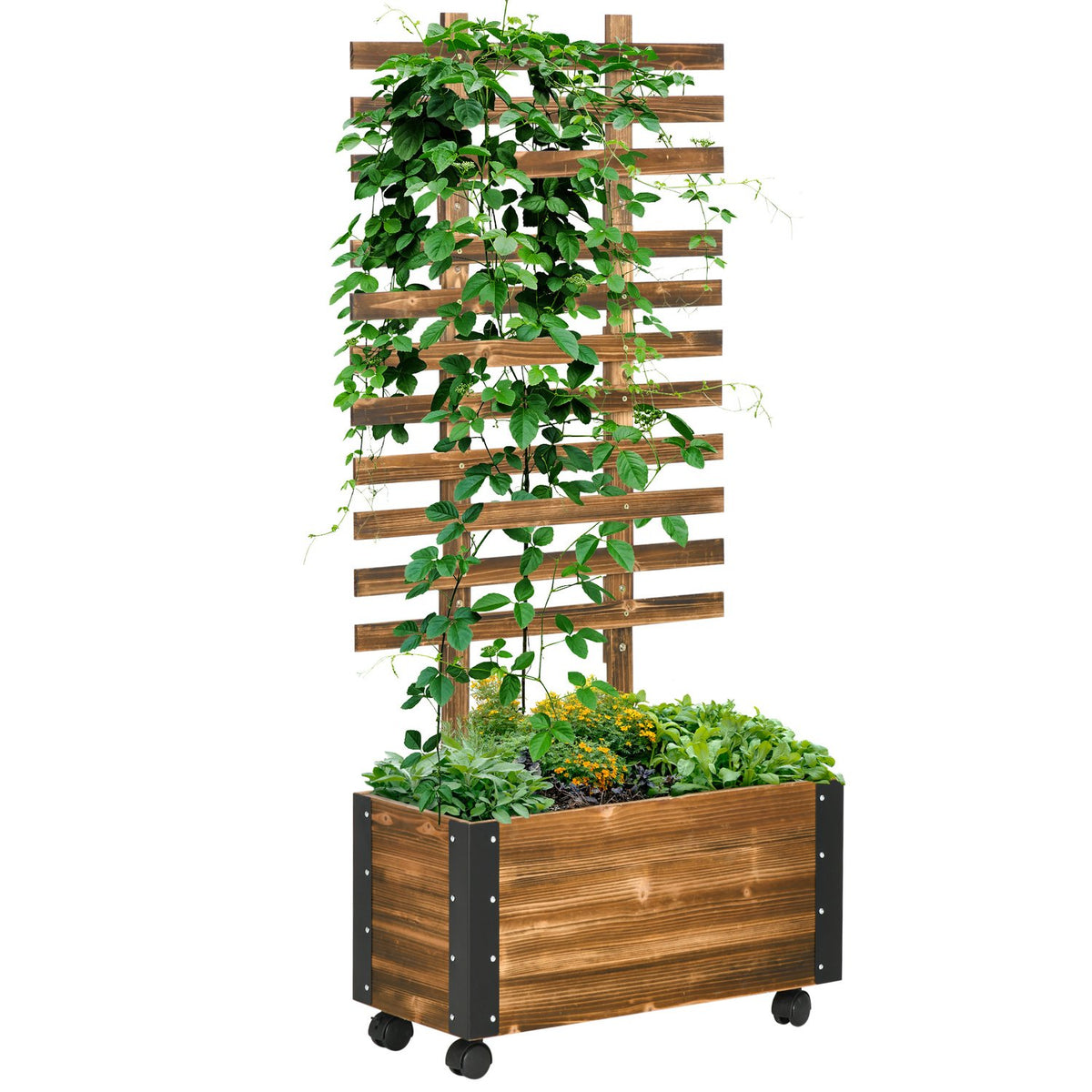 Raised Bed With Trellis, Flower Box With Wheels, Plant Box With Trellis, For Climbing Plants, Made Of Wood, Charred, 65 X 31 X 147 Cm