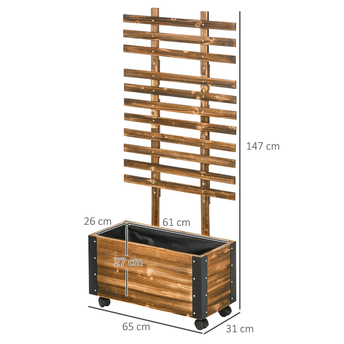 Raised Bed With Trellis, Flower Box With Wheels, Plant Box With Trellis, For Climbing Plants, Made Of Wood, Charred, 65 X 31 X 147 Cm