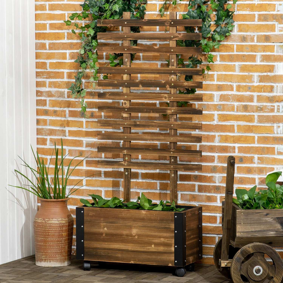 Raised Bed With Trellis, Flower Box With Wheels, Plant Box With Trellis, For Climbing Plants, Made Of Wood, Charred, 65 X 31 X 147 Cm