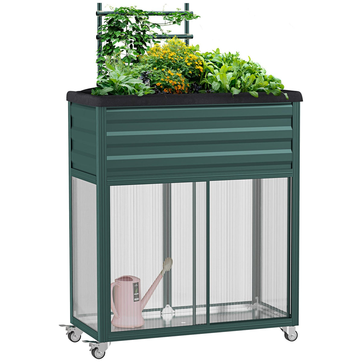 Raised Bed With Trellis Flower Box With Wheels & Shelf, Galvanized Steel, For Balcony, Green, 85X40X135Cm