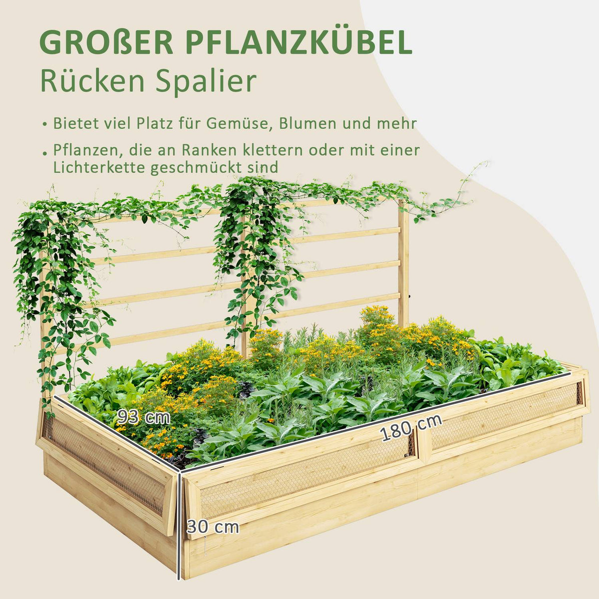 Raised Bed With Trellis, Herb Bed, Wooden Planter, Flower Box For Garden, Balcony, Natural Wood, 183 X 98.5 X 95 Cm