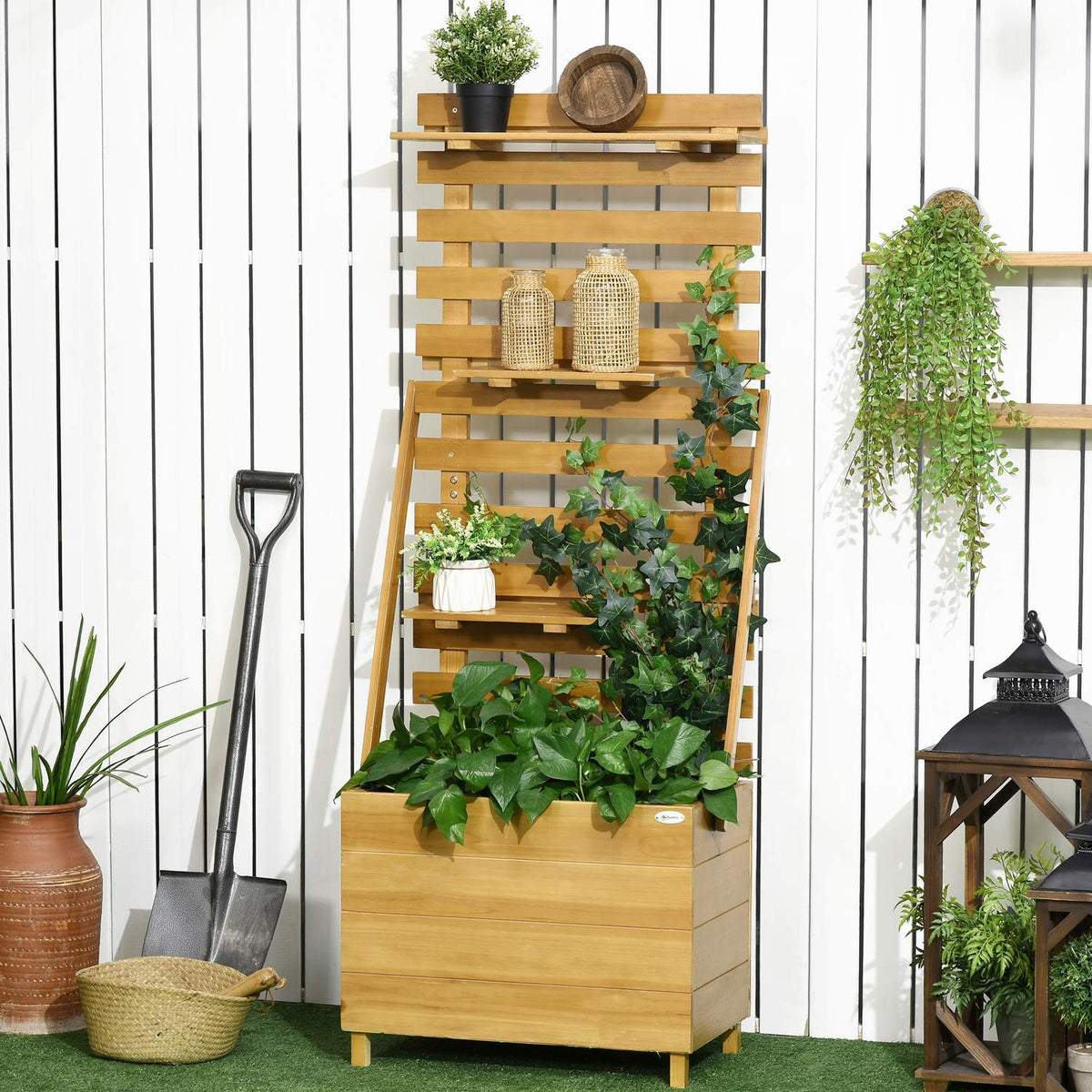 Raised Bed With Trellis, Plant Box With 3 Shelves, Flower Box With Trellis, For Climbing Plants, Made Of Wood, Brown, 63 X 39 X 160 Cm