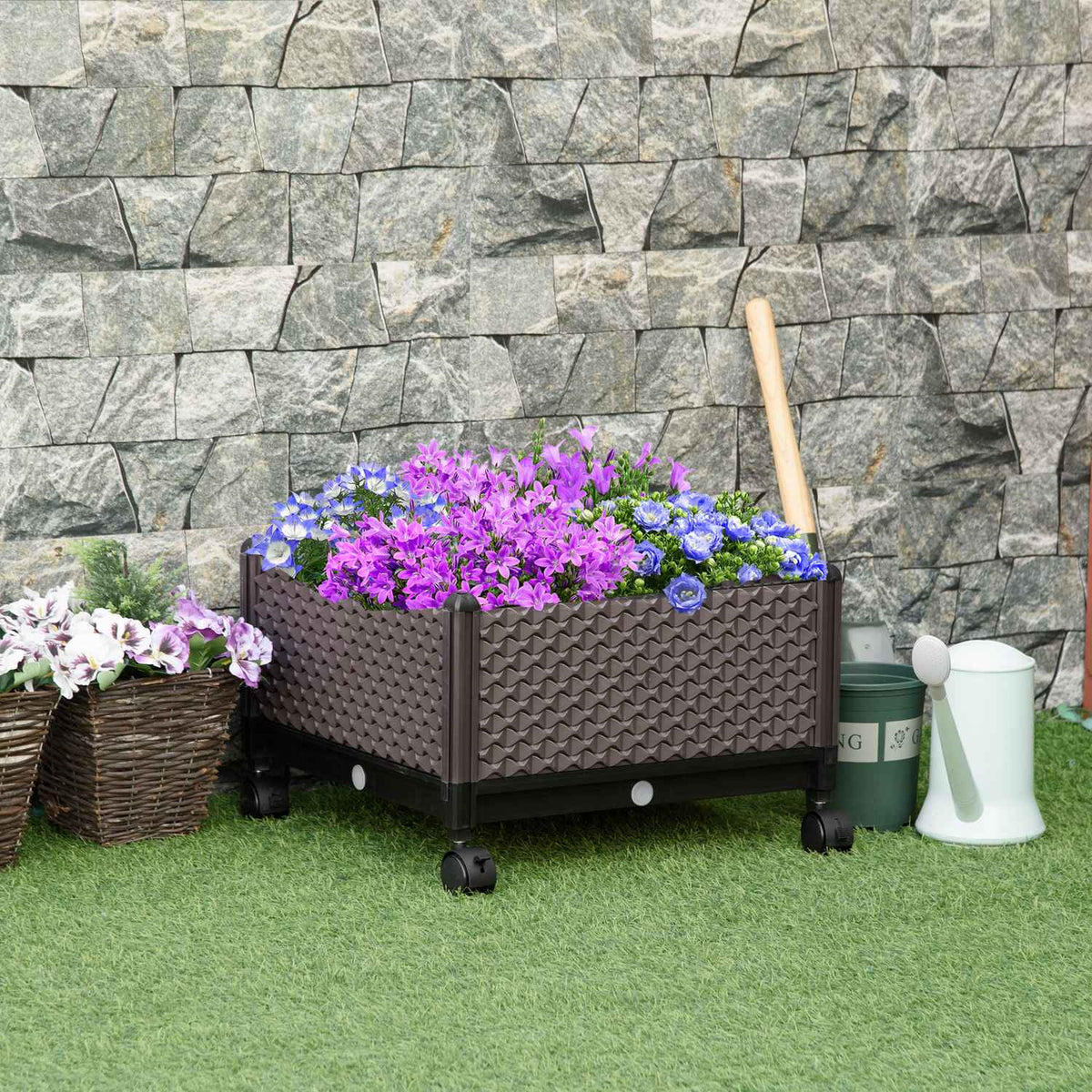 Raised Bed With Wheels Mobile Plant Box With Drainage Holes, Plastic Flower Pot, Brown, 50X50X33Cm
