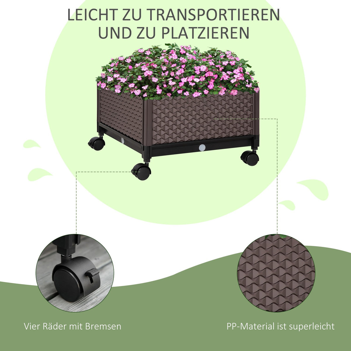 Raised Bed With Wheels Mobile Plant Box With Drainage Holes, Plastic Flower Pot, Brown, 50X50X33Cm