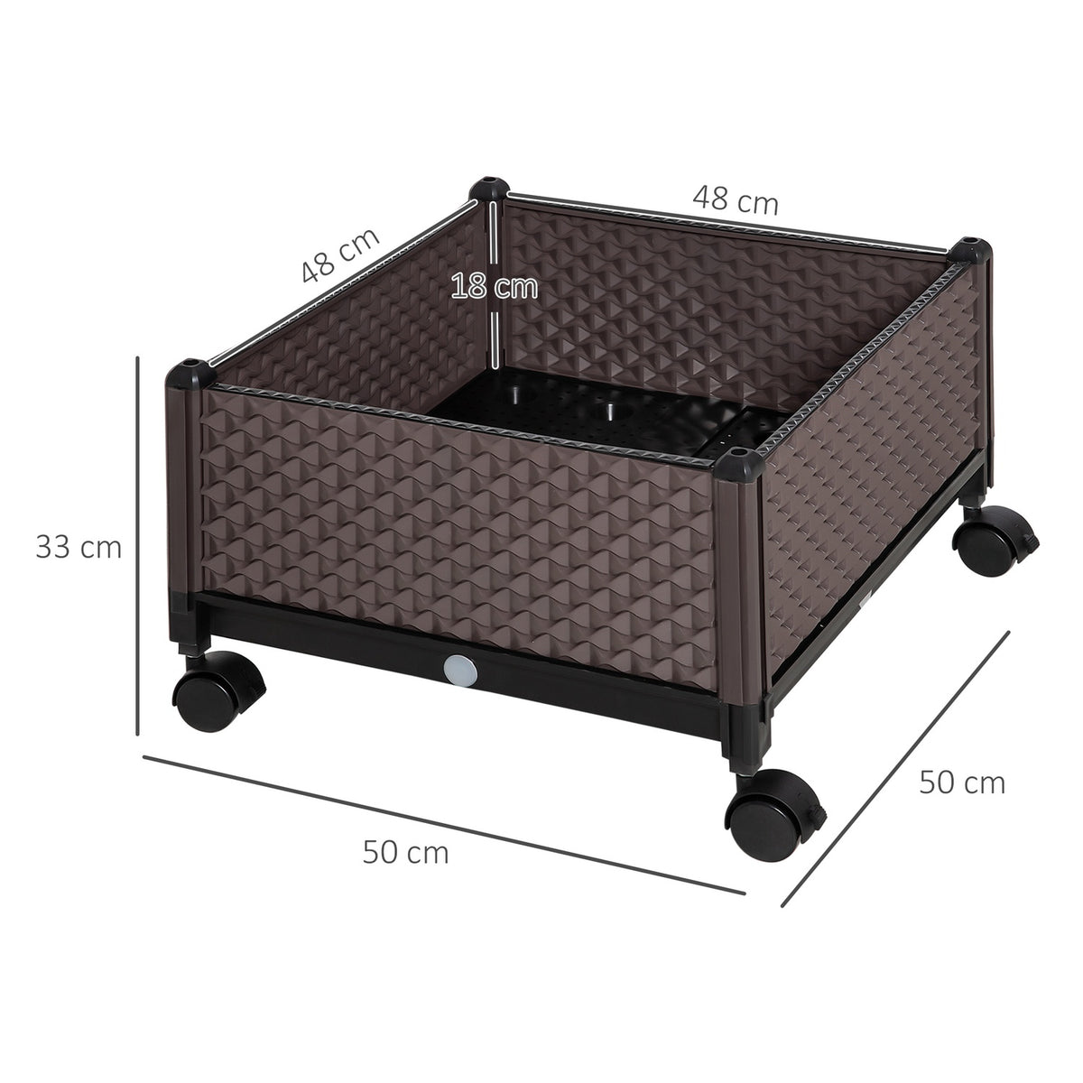 Raised Bed With Wheels Mobile Plant Box With Drainage Holes, Plastic Flower Pot, Brown, 50X50X33Cm
