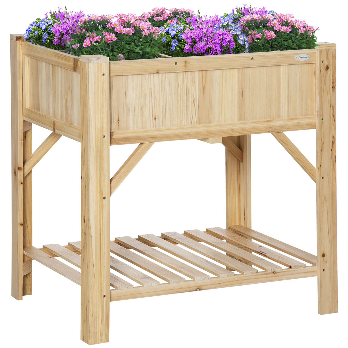 Raised Bed Wood With 6 Growing Areas, Plant Table & Flower Box, Non-Woven Fabric, Natural, 78.5X58X81Cm