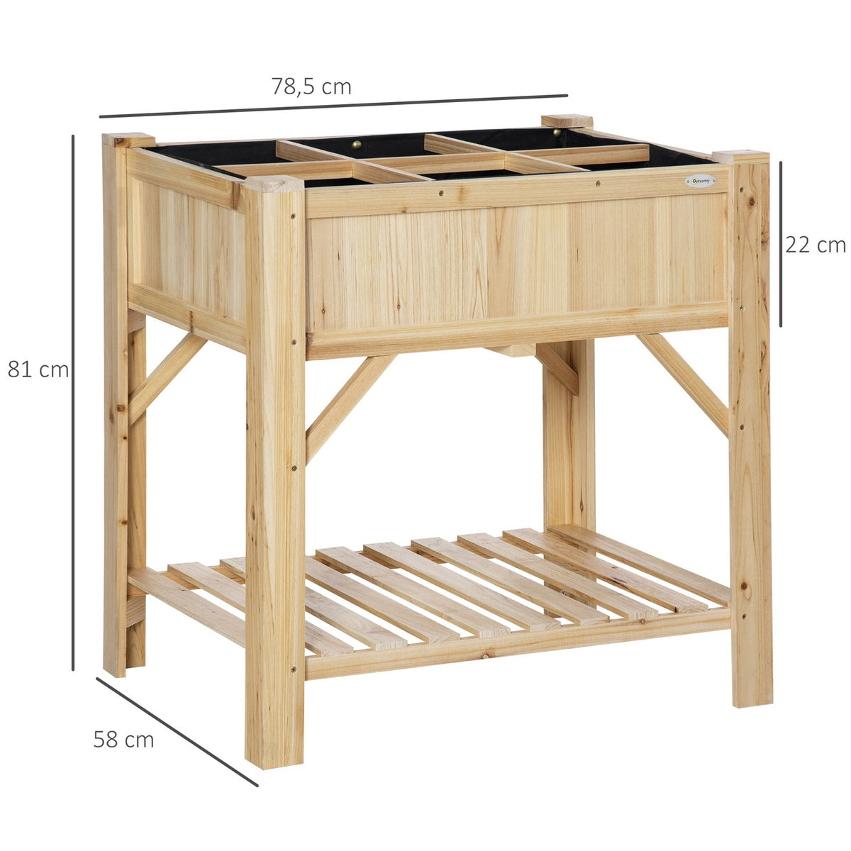 Raised Bed Wood With 6 Growing Areas, Plant Table & Flower Box, Non-Woven Fabric, Natural, 78.5X58X81Cm