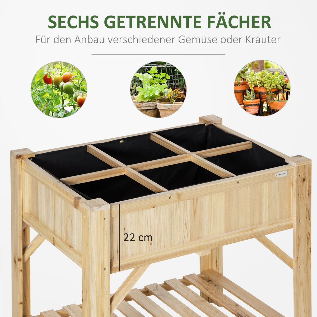 Raised Bed Wood With 6 Growing Areas, Plant Table & Flower Box, Non-Woven Fabric, Natural, 78.5X58X81Cm