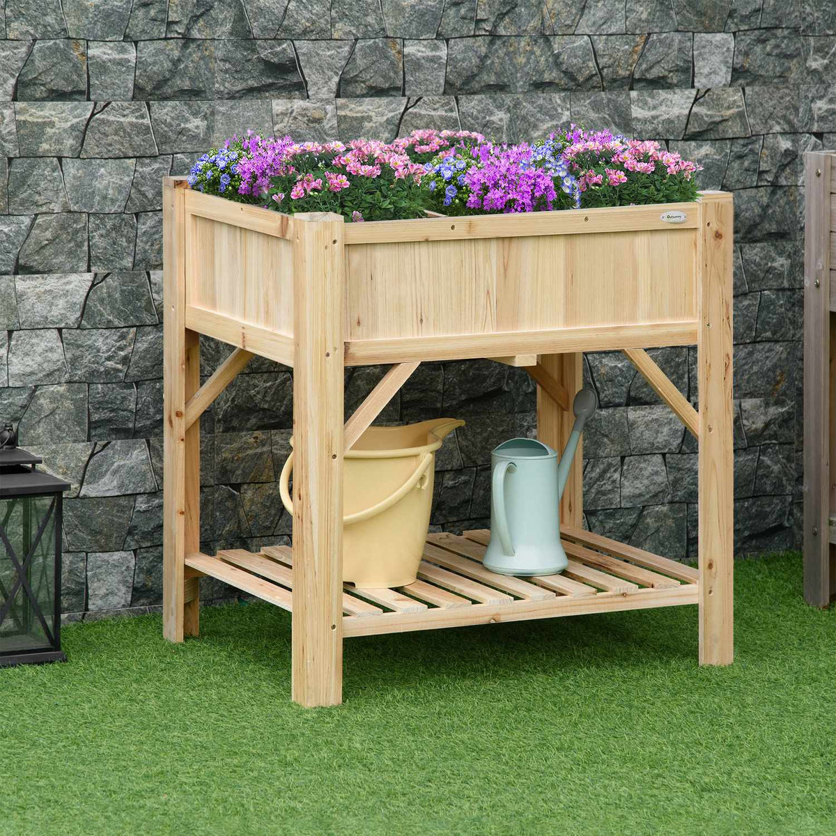 Raised Bed Wood With 6 Growing Areas, Plant Table & Flower Box, Non-Woven Fabric, Natural, 78.5X58X81Cm